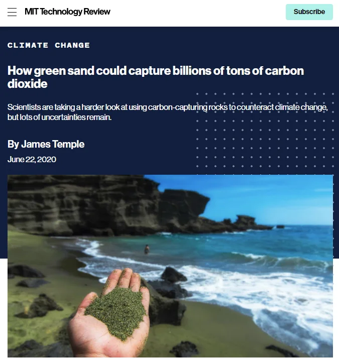 MIT Technology Review coverage of green sand carbon removal