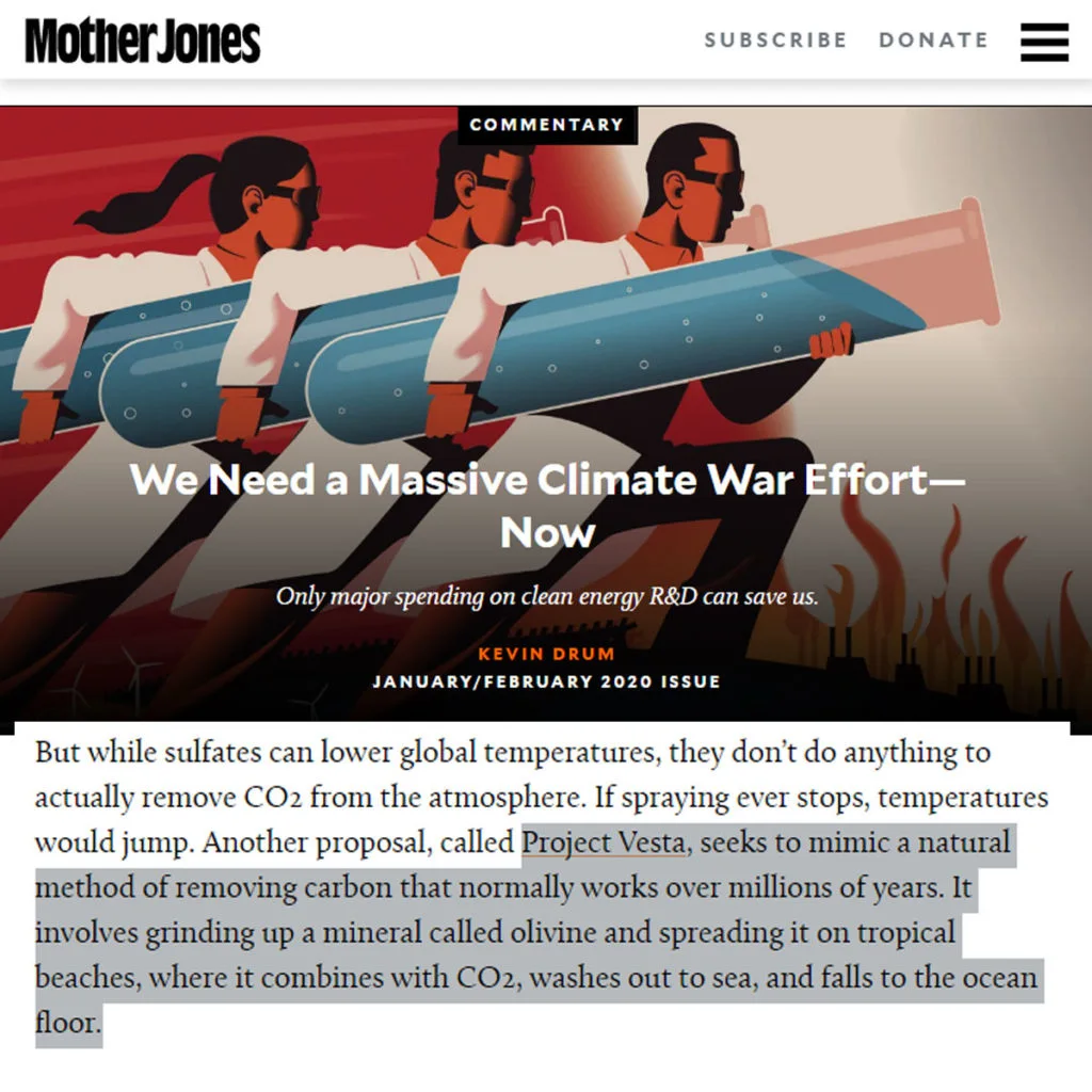 Mother Jones coverage of Project Vesta and carbon removal