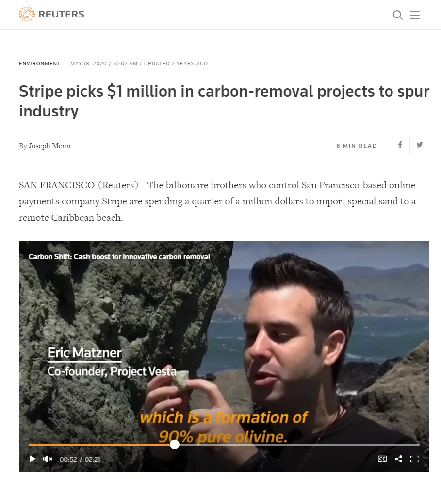Stripe carbon removal purchase announcement featuring Project Vesta