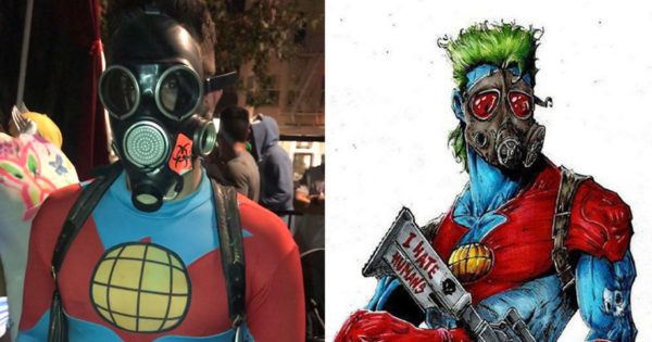 Eric Matzner wearing a gas mask during wildfire smoke