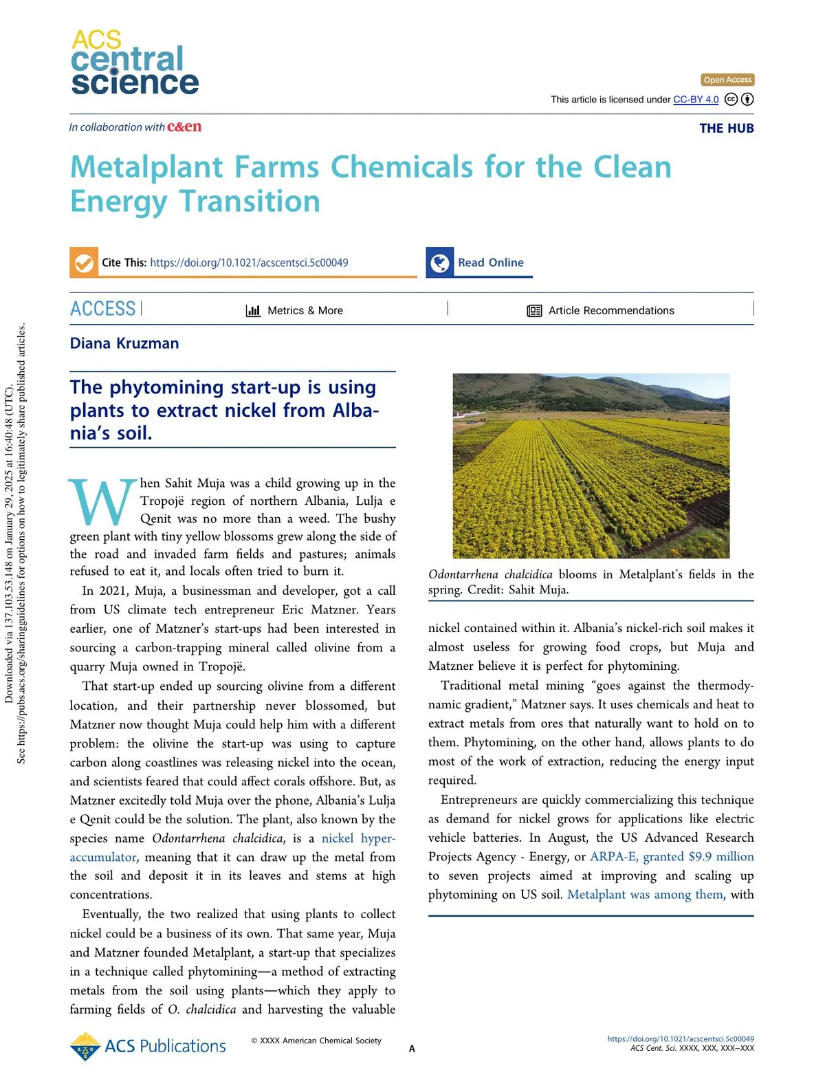 ACS Central Science feature about Metalplant farming chemicals for the clean energy transition