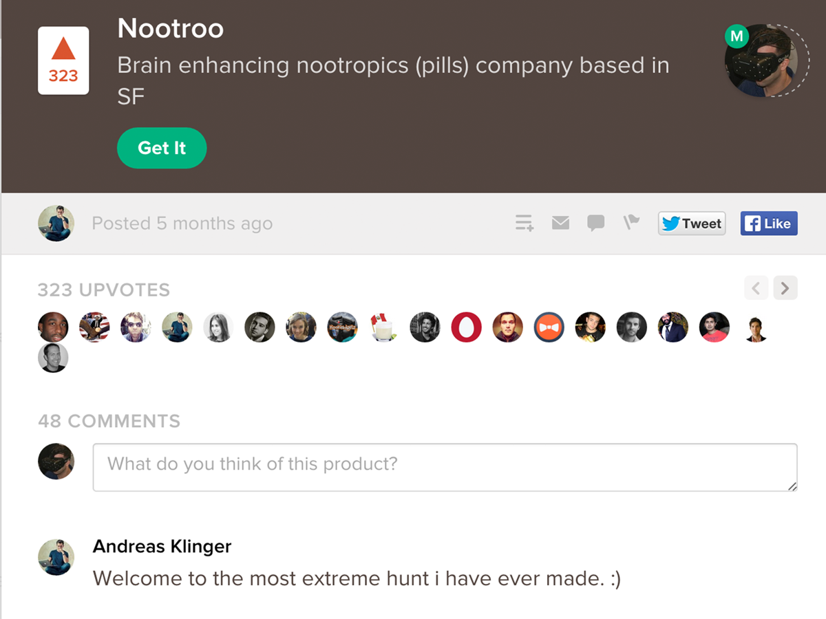Nootroo launch page on Product Hunt